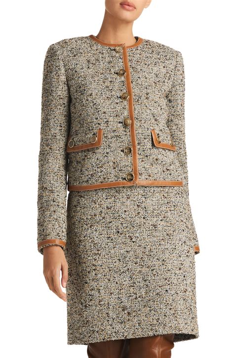 St John Crop Leather Trim Bouclé Tweed Jacket Lyst