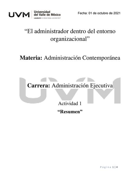 Actividad Resumen Administraci N Contempor Nea Uvm Studocu