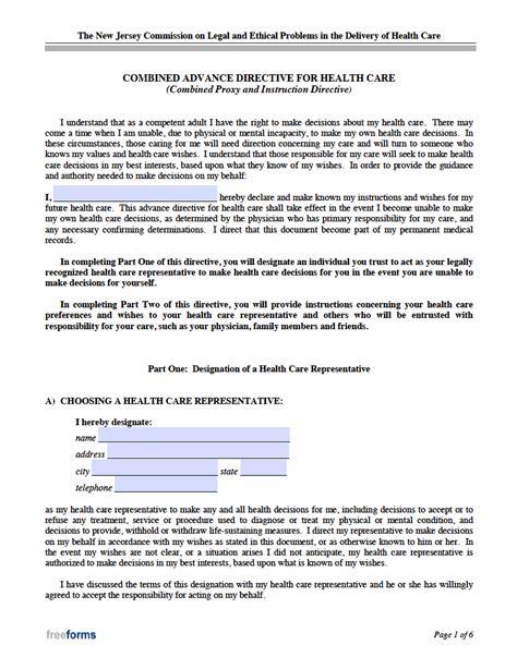 Free New Jersey Advance Directive Form Medical Poa Living Will Pdf