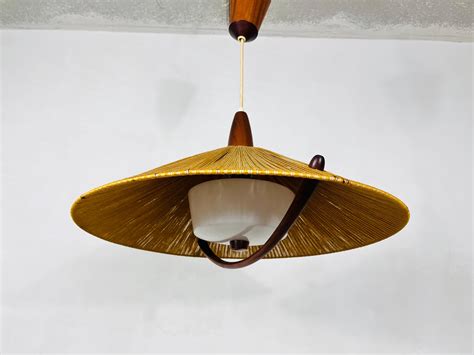 Midcentury Teak And Cord Shade Hanging Lamp By Temde Circa 1960 For