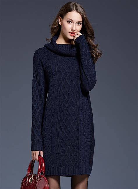 Womens Fashion High Neck Knitted Long Sleeve Pullover Long Sweater