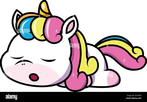 An Adorable Digital Illustration Of A Cute Sleeping Rainbow Unicorn