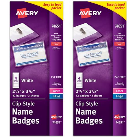 Avery Top Loading Garment Friendly Clip Style Name Tags 12 Tags Per