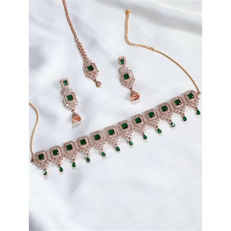 Buy Accessher Rose Gold Plated American Diamond Green Gemstone Studded