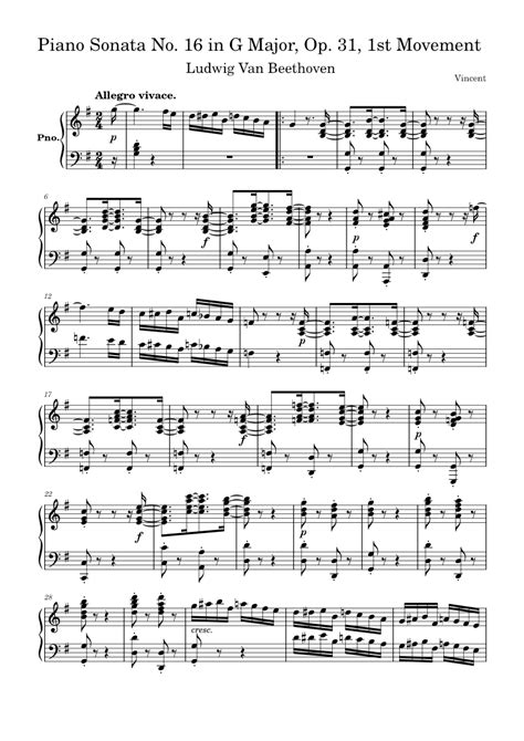 Beethoven Piano Sonata No 16 In G Major Op 31 1st Movement Sheet Music For Piano Solo