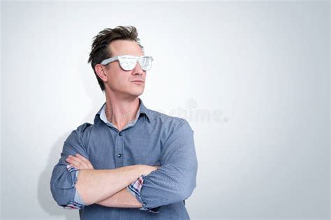 Confident Man In Shirt And Aluminum Glasses Visionary Concept Stock