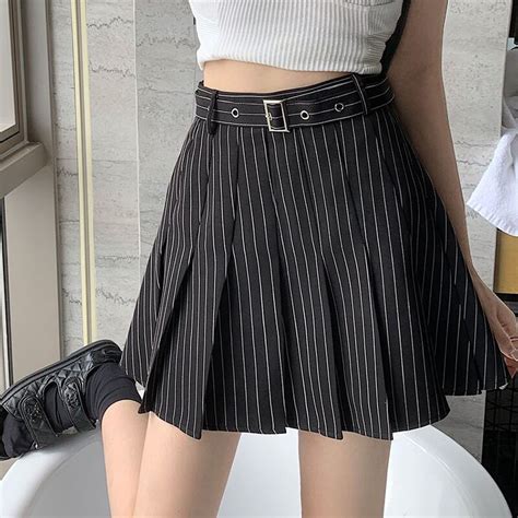 Houzhou Striped Pleated Skirt Women 2023 Summer Vintage Preppy Belt