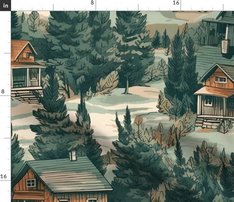 Montana Treescape Evergreens With Cabins Fabric Spoonflower