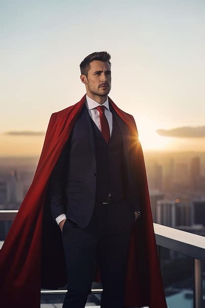 Premium AI Image Businessman In Suit And Cape Hero Stand At Rooftop