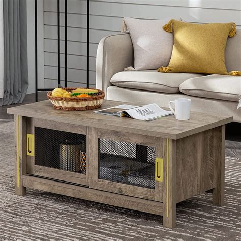 Reliancer Farmhouse Coffee Table With Sliding Door Wood Table For