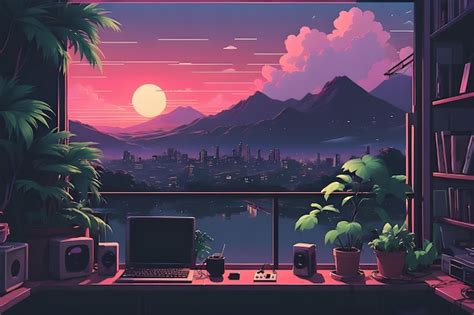 Chill Lofi Workspace With Sunset View Premium AI Generated Image