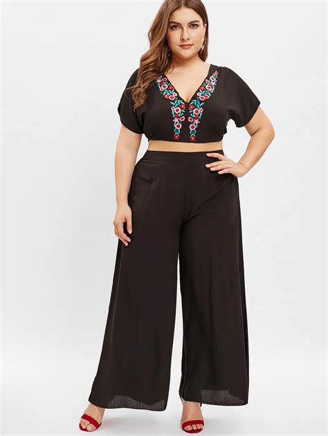 Wipalo Women Plus Size Floral Embroidery Top And Wide Leg Pants Set