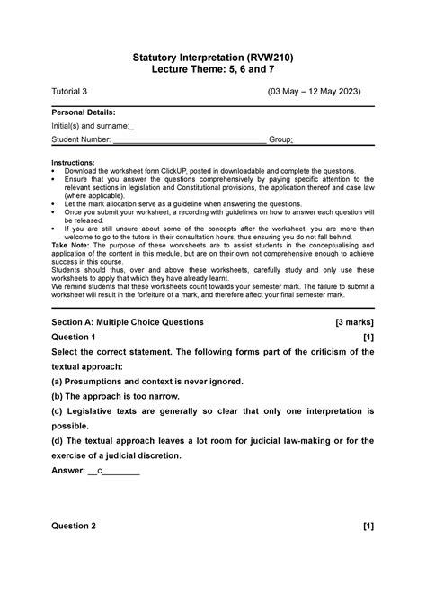 Tutorial 3 RVW 210 2023 WORKSHEET Statutory Interpretation RVW210