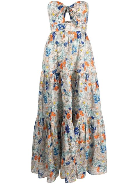 Zimmermann Floral Print Strapless Dress In Blue Modesens