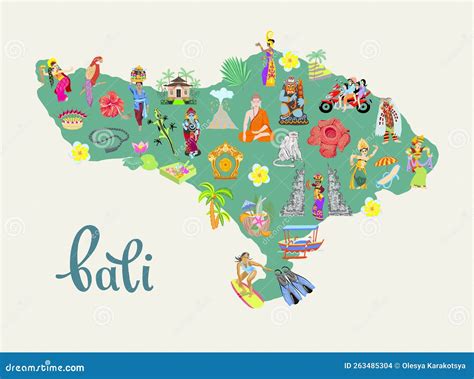 Cute Cartoon Map Of Bali Island Indonesia Flat Design Vector