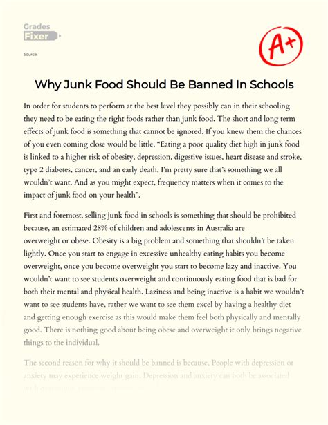 Why Junk Food Should Be Banned In Schools Essay Example 823 Words