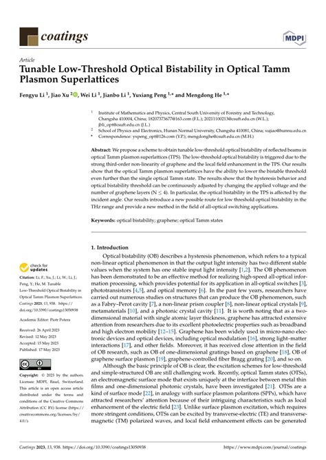 Pdf Tunable Low Threshold Optical Bistability In Optical Tamm Plasmon