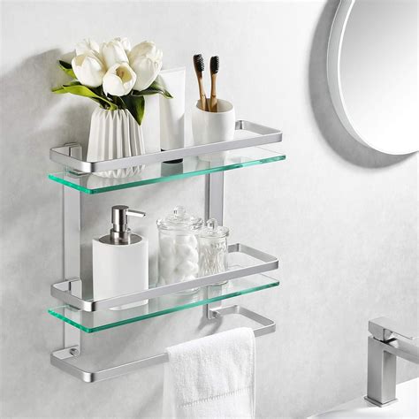 Kes Bathroom Glass Shelf 2 Tier Tempered Glass Shelf Rectangular With Towel Rail Wall Mounted