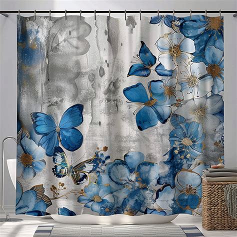 Blue Butterfly And Flower Design Shower Curtain With Gray Marble