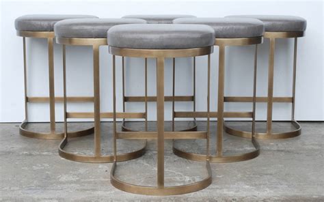 Milo Baughman Burnished Brass Bar Stools In Grey Leather At 1stdibs Milo Baughman Bar Stools