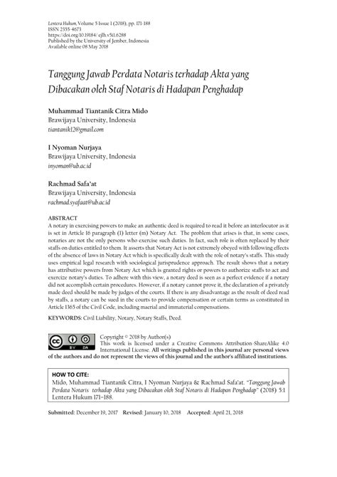 PDF Tanggung Jawab Perdata Notaris Terhadap Akta Yang Dibacakan Oleh