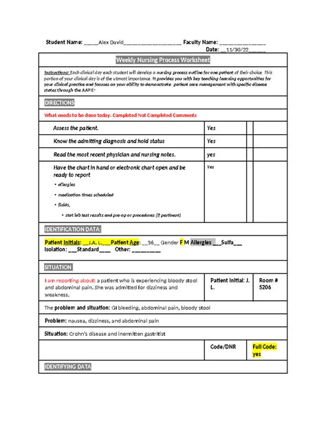 Nurs L Nursing Process Worksheet Student Name Alex David