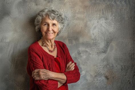 Premium Photo Portrait Of Older Woman Smiling With Arms Crossed By Wall