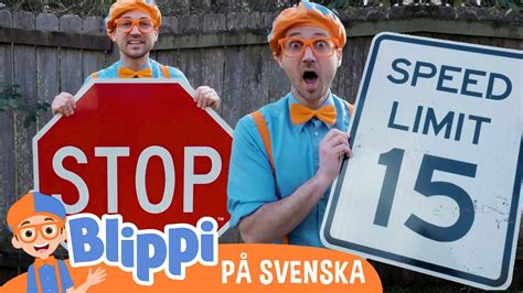 Blippi Svenska Blippi lär sig om vägskyltar Trafiksäkerhet för barn