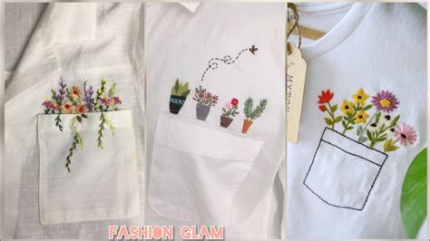 Hand Embroidered Floral White Pocket T Shirtspocket Embroidery