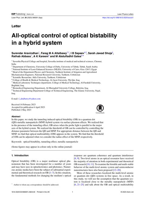 Pdf All Optical Control Of Optical Bistability In A Hybrid System