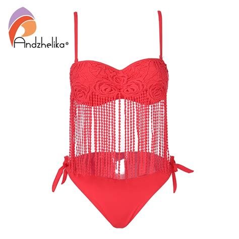 Buy Andzhelika New Bikinis Women Sexy Lace Flower Tassel Swimsuit Push Up