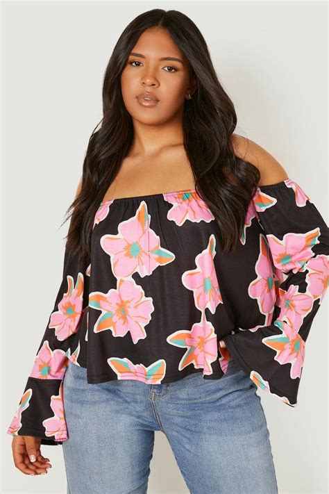 Womens Plus Floral Off The Shoulder Flare Sleeve Top Boohoo Uk