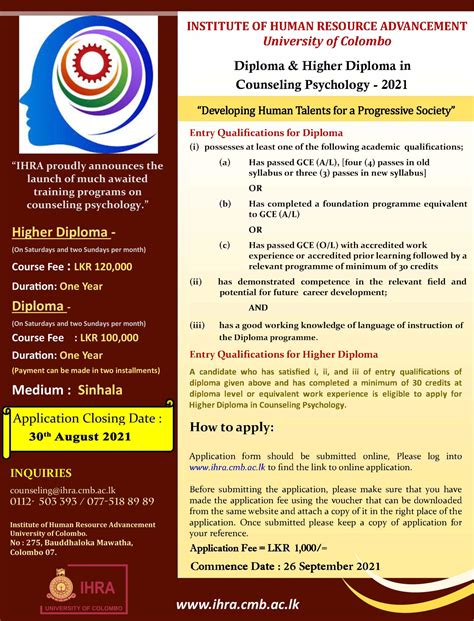 Diploma Higher Diploma In Counseling Psychology University Of