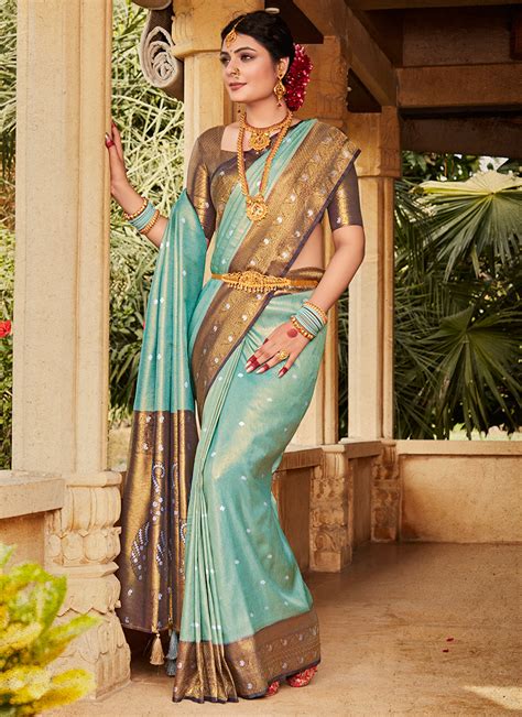 Buy Light Blue Silk Wedding Wear Kanjivaram Saree Online From Wholesale Salwar