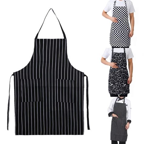 Kitchen Unisex Aprons Adjustable Black Stripe Bib Apron With 2 Pockets