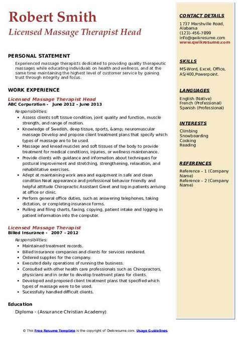 Licensed Massage Therapist Resume Samples Qwikresume