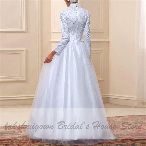 White Muslim High Neck Wedding Dress Satin Long Sleeve Roycebridal