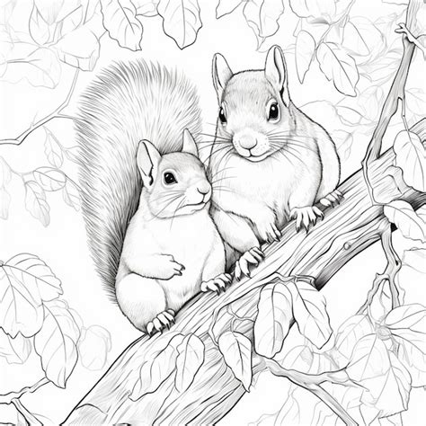 Premium Photo A Drawing Of Two Squirrels Sitting On A Branch In A