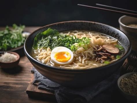 Ramen Soup With Noodles Leek Shiitake Mushroom Nori Soft Egg And