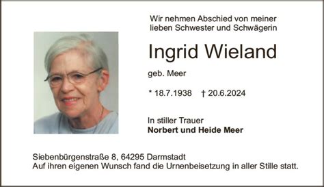 Traueranzeigen Von Ingrid Wieland Vrm Trauer De