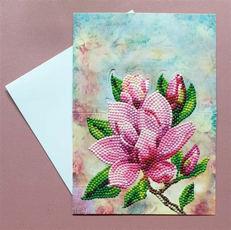 Diamond Painting Aufstell Karte Fertig Magnolien In Pink Handmade