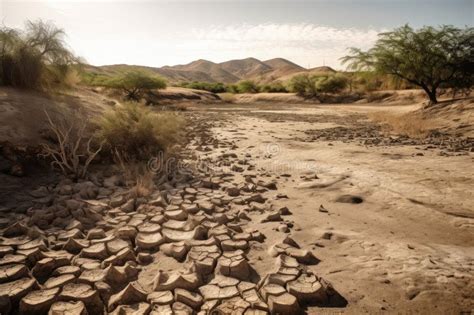 Drought Stricken Landscape With Dried Up Riverbed And Cracked Earth