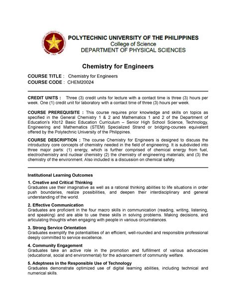 Chem For Engineers Syllabus Chemistry For Engineers COURSE TITLE