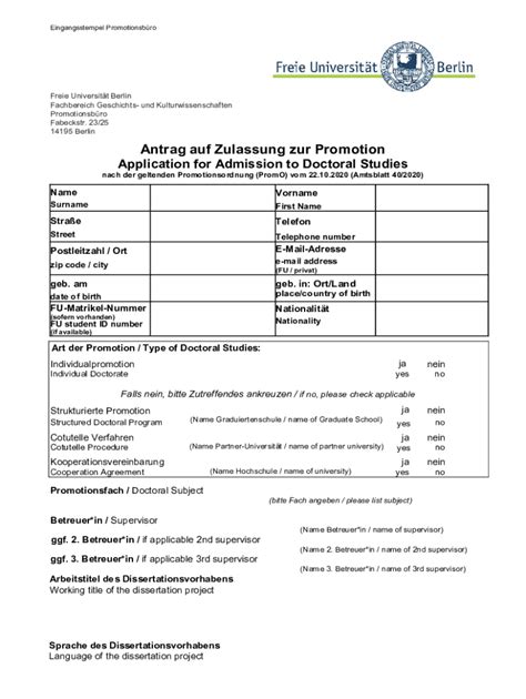 Ausfüllbar Online Antrag auf Zulassung zur Promotion Fax Email Drucken