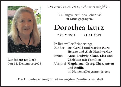 Traueranzeigen Von Dorothea Kurz Augsburger Allgemeine Zeitung