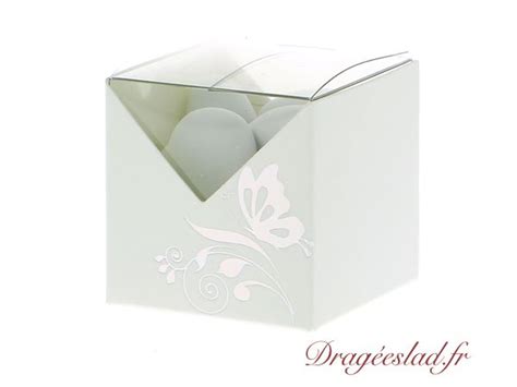 Boite à dragées cube Alizée blanc papillon argent Contenant dragees