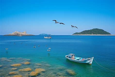 An Island Near Two Boats Floating Off Into The Blue Water Background