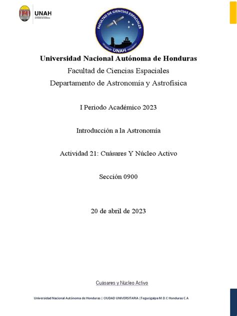 Universidad Nacional Autónoma De Honduras Facultad De Ciencias Espaciales Departamento De