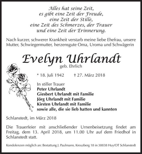 Traueranzeigen Von Evelyn Uhrlandt Geb Ehrlich Abschied Nehmen De