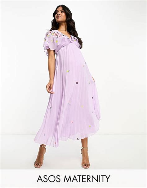 Asos Design Maternity V Neck Angel Sleeve Pleat Midi Dress With All